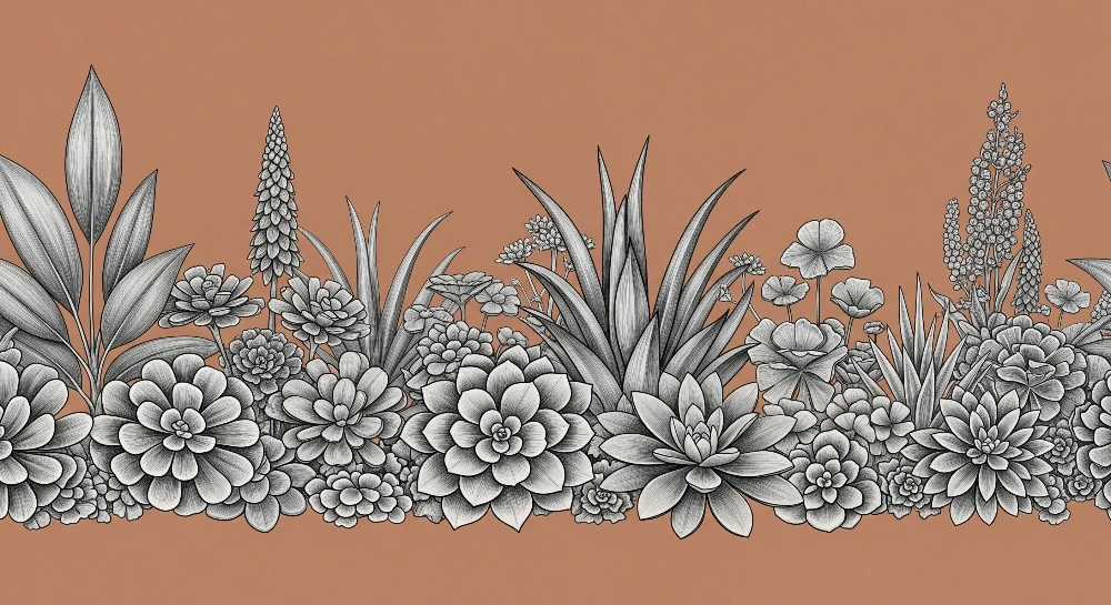 Barnetapet med blomster og planter i sort og hvitt på terrakottafarge