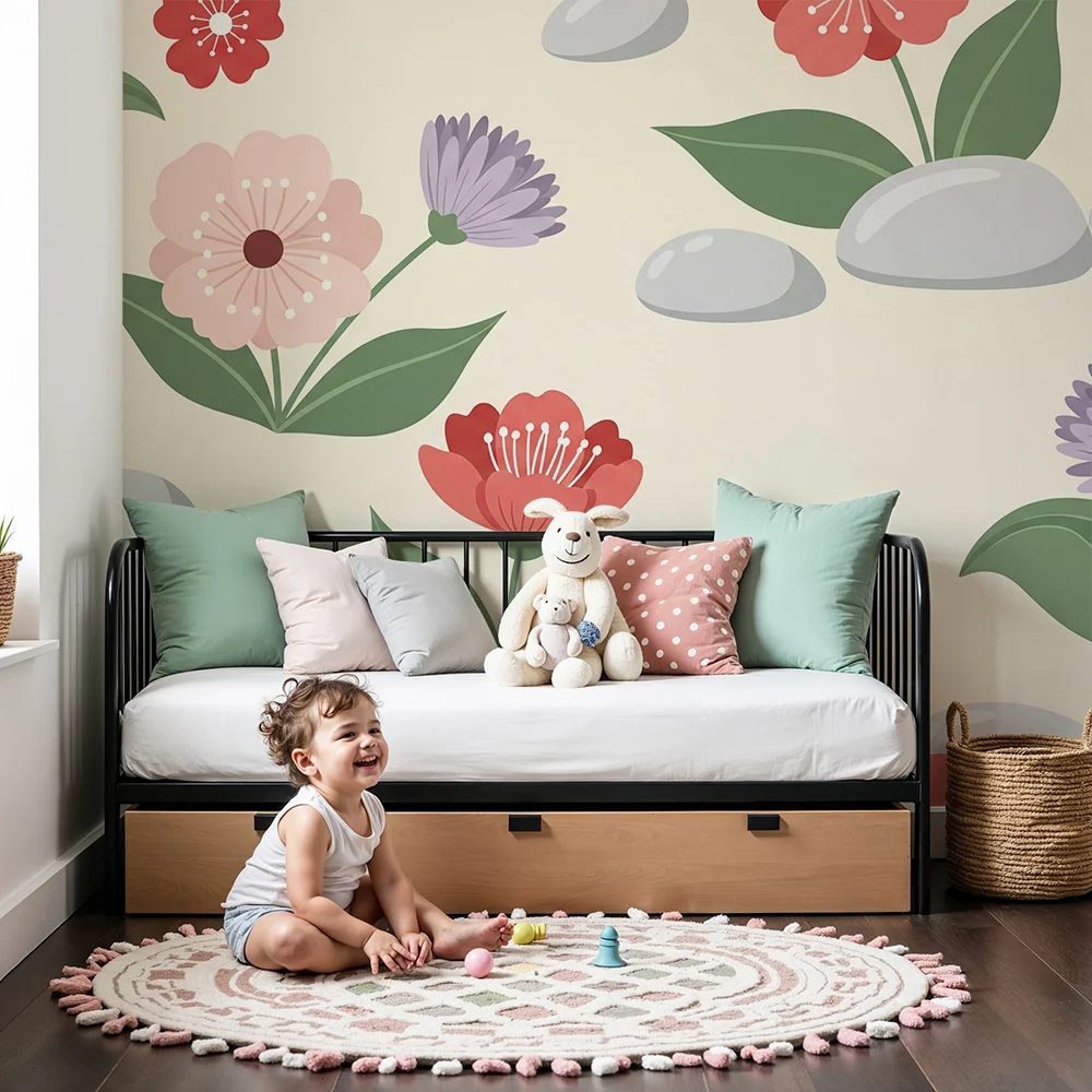 Barnetapet med blomster og småstein | Mykt og vakkert design