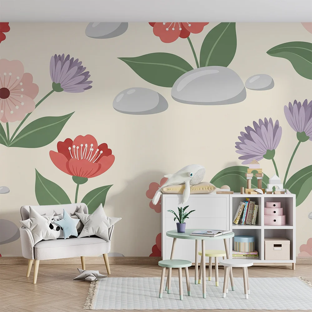 Barnetapet med blomster og småstein | Mykt og vakkert design