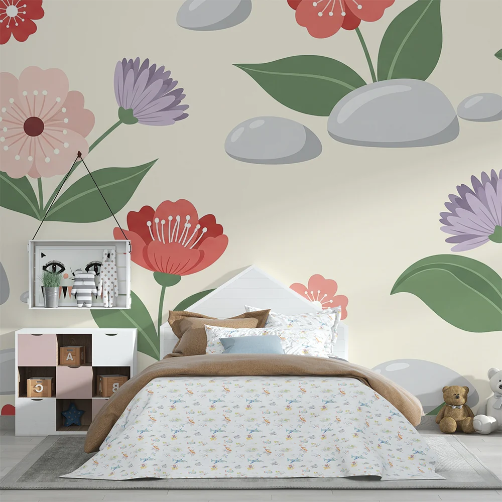 Barnetapet med blomster og småstein | Mykt og vakkert design