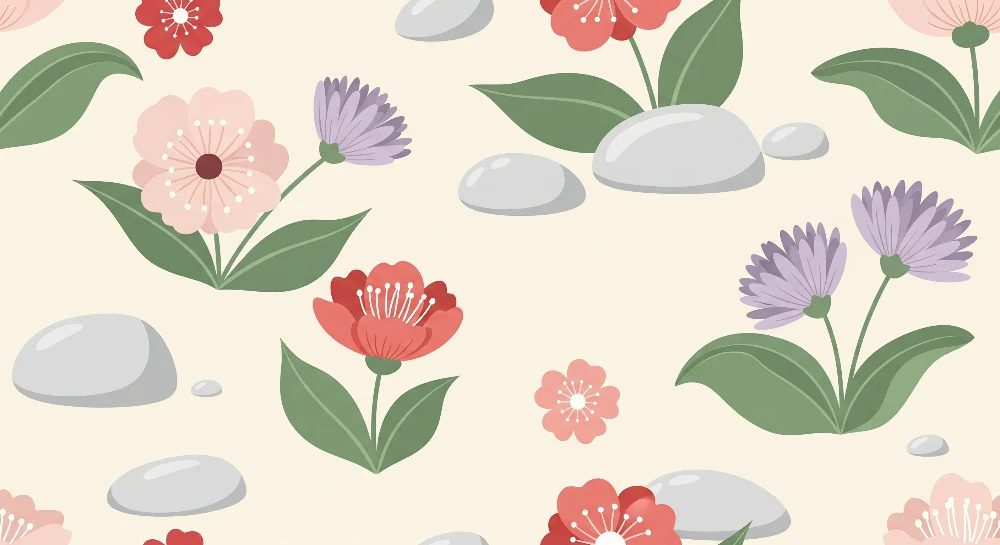Barnetapet med blomster og småstein | Mykt og vakkert design