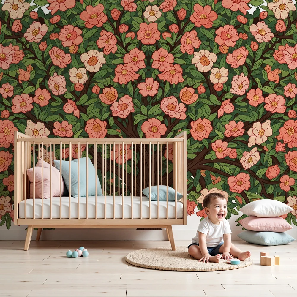 Barnetapet med blomstrende tre i rolige farger