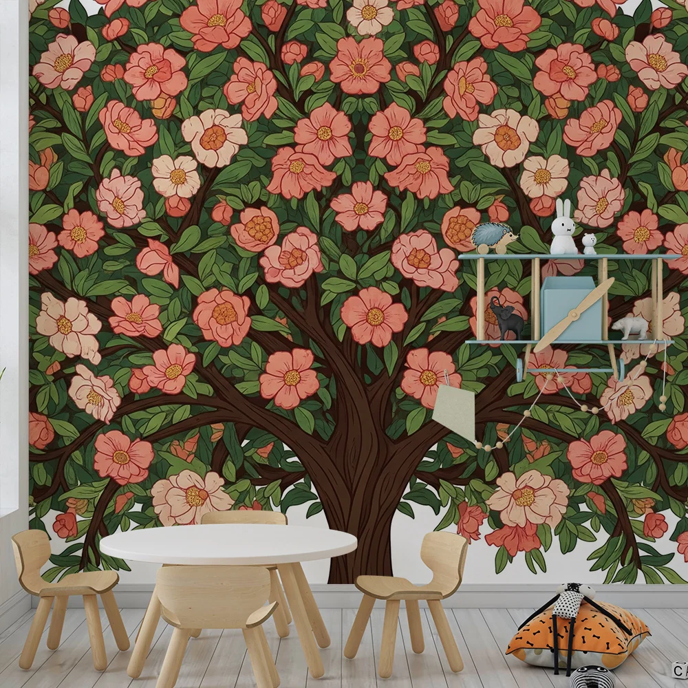 Barnetapet med blomstrende tre i rolige farger