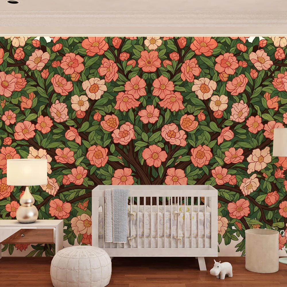 Barnetapet med blomstrende tre i rolige farger