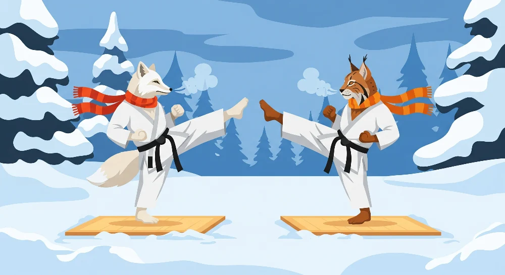 Barnetapet med dyr i karate i vinterlandskap