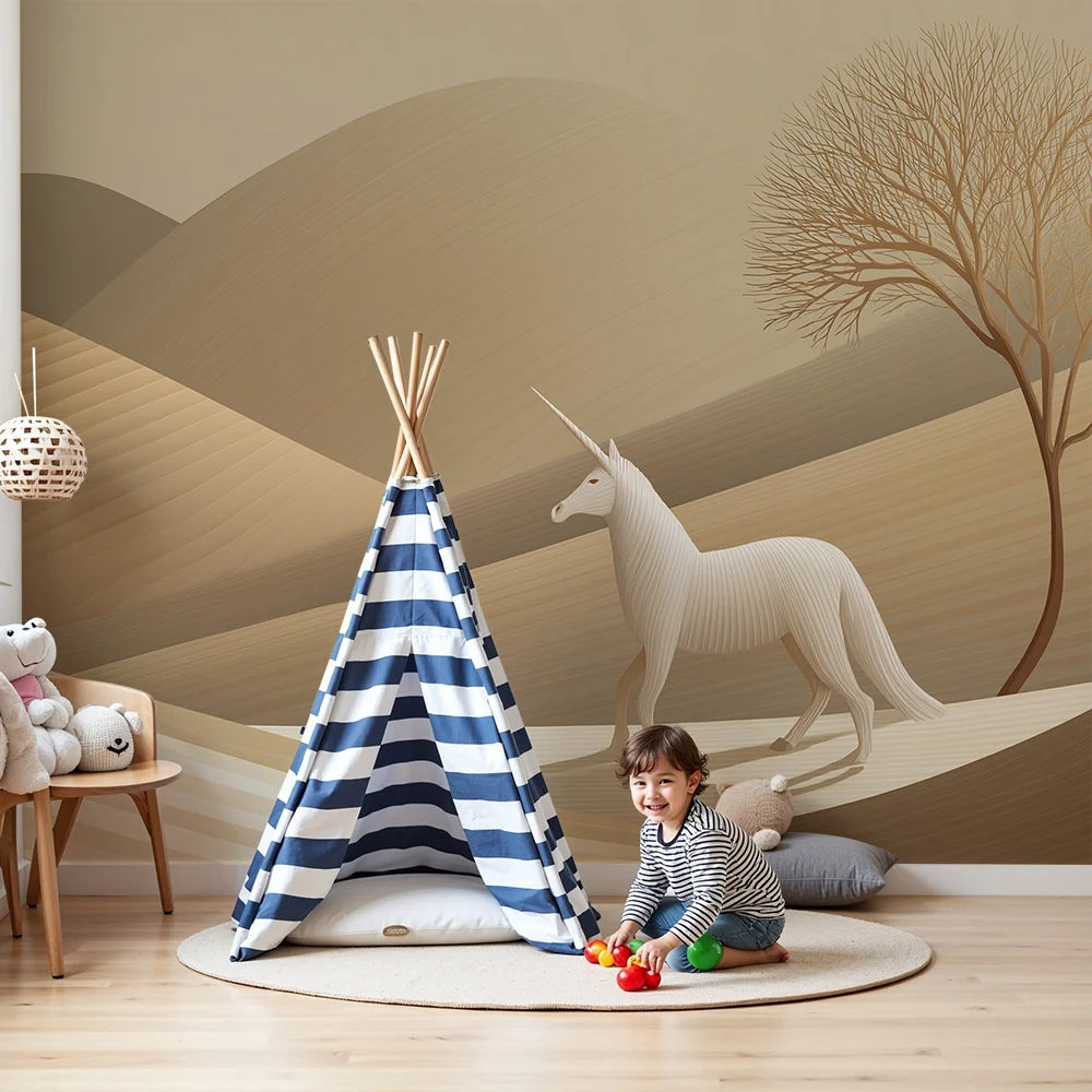 Barnetapet med elegante enhjørninger i et stille og minimalistisk landskap
