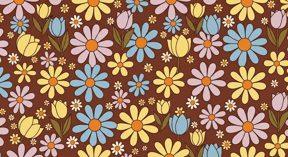 Barnetapet med fargerike blomster på brun bakgrunn – skaper en gledelig stemning