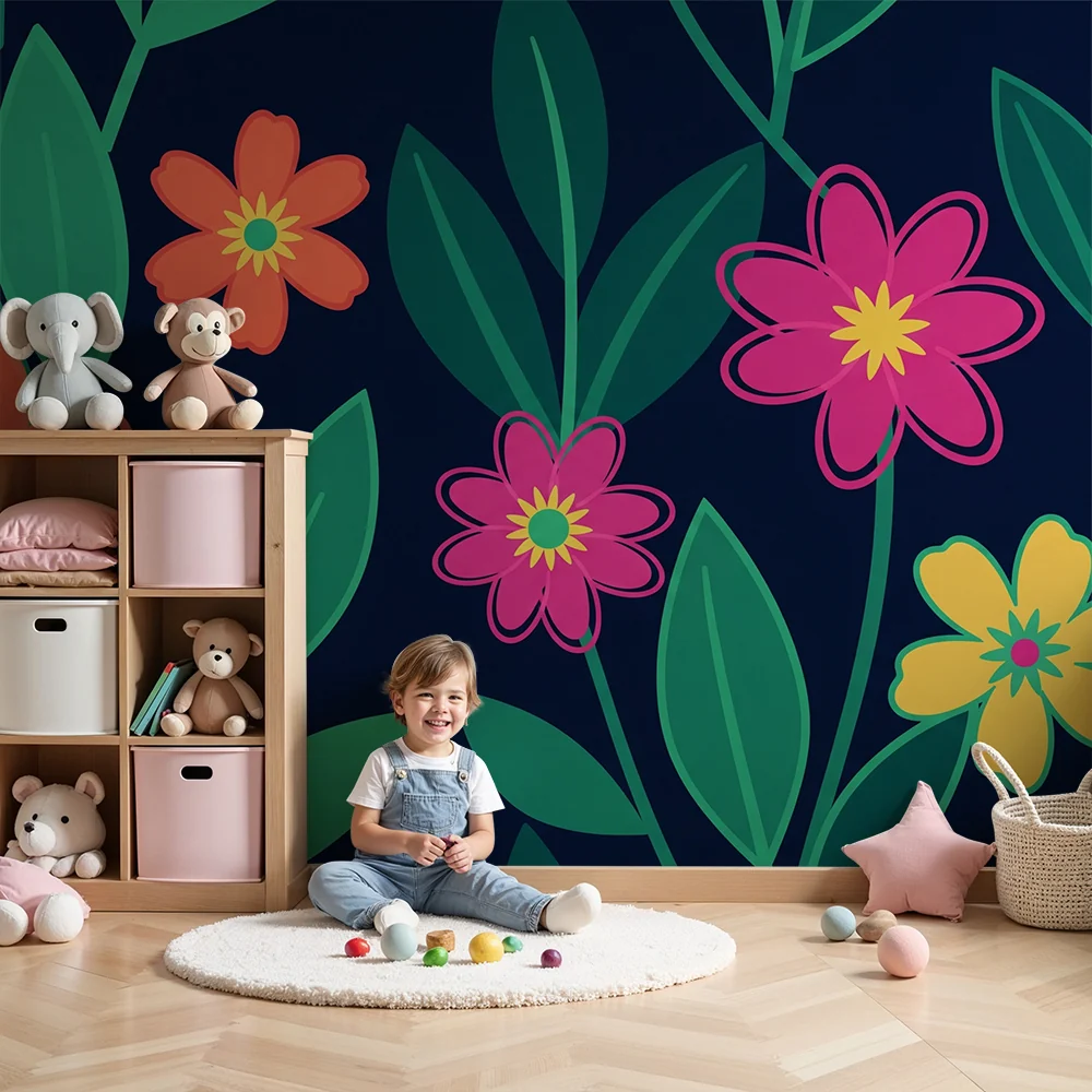 Barnetapet med fargerike blomster i kontrast