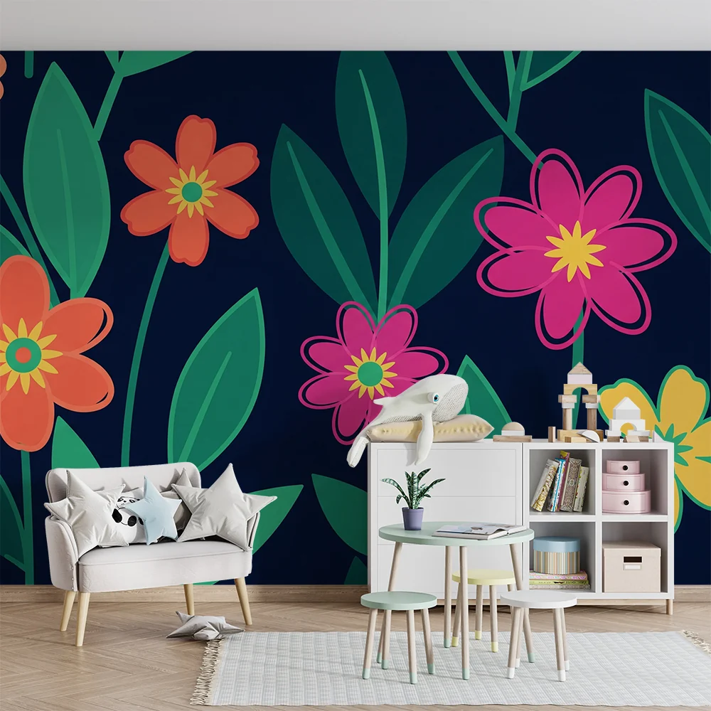 Barnetapet med fargerike blomster i kontrast