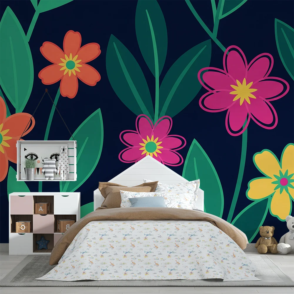Barnetapet med fargerike blomster i kontrast