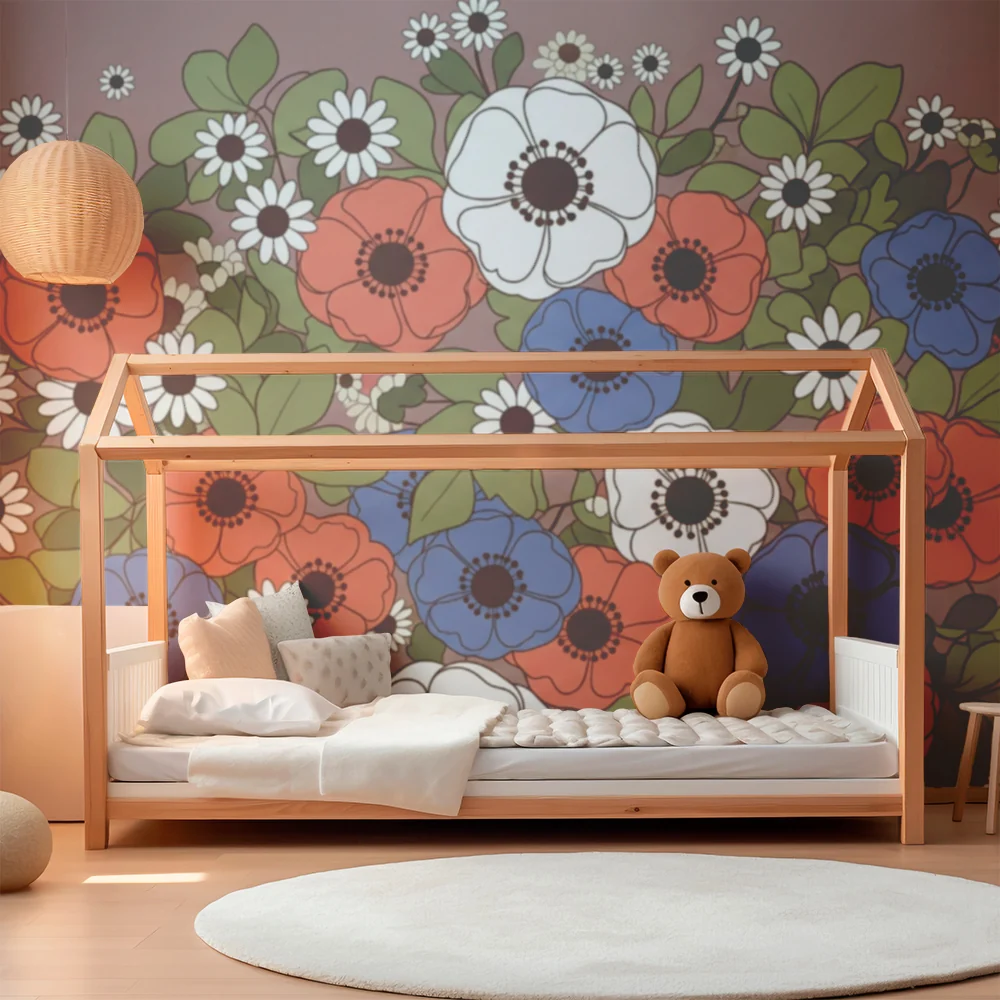 Barnetapet med fargerike blomster på lilla bakgrunn
