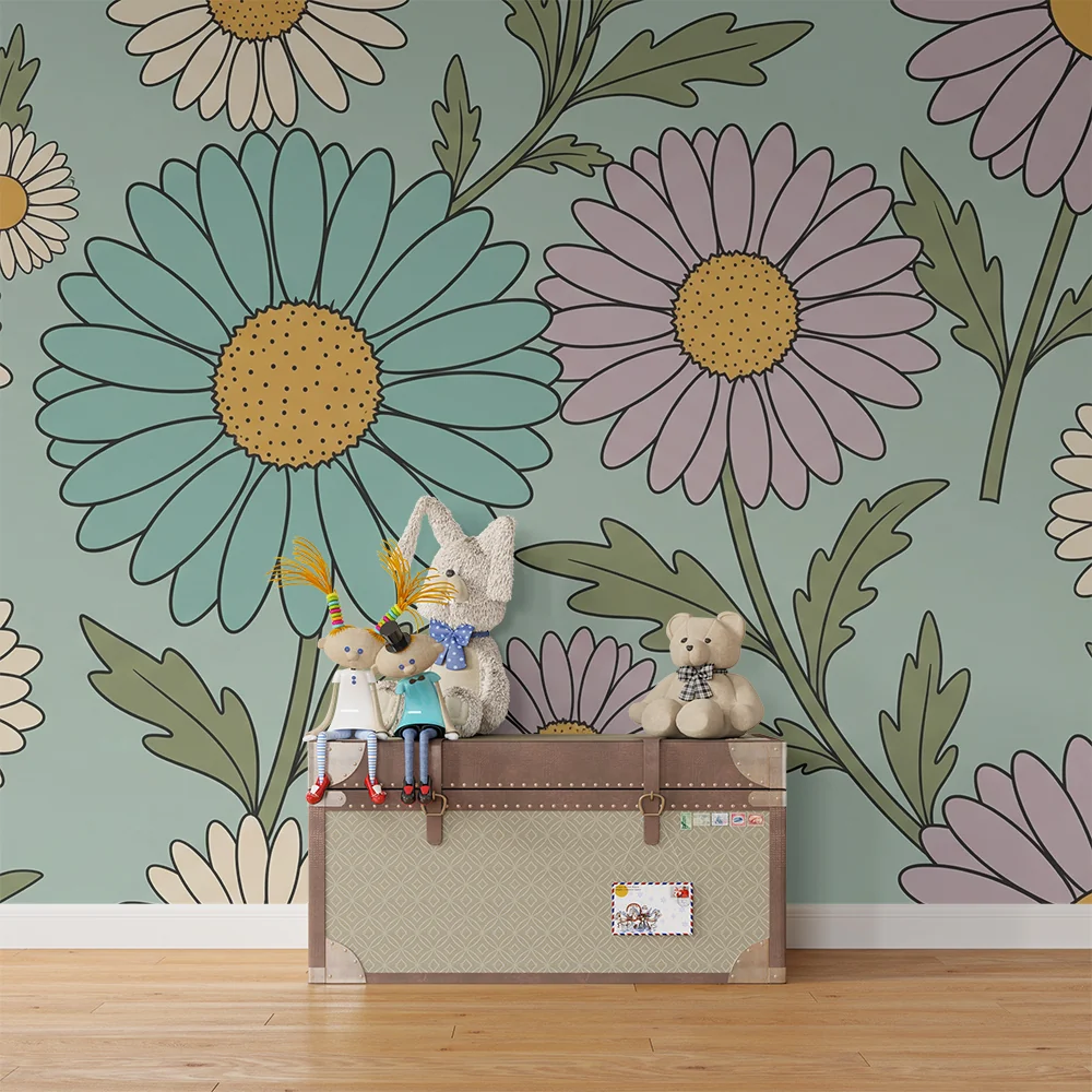 Barnetapet med fargerike blomster på pastellbakgrunn