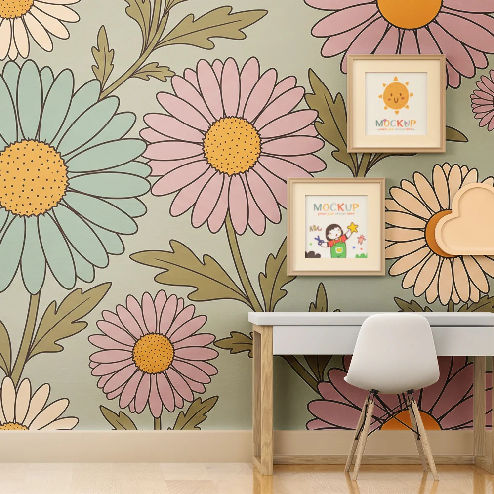 Barnetapet med fargerike blomster på pastellbakgrunn
