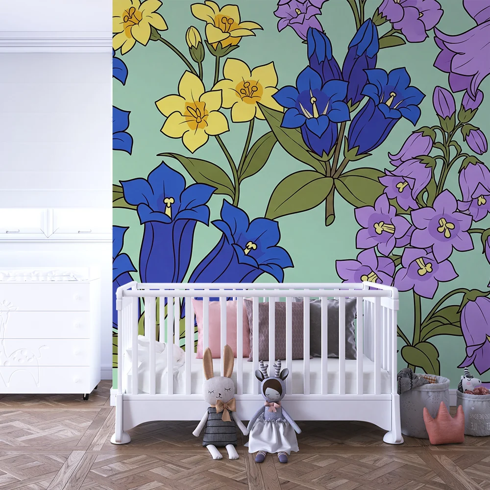Barnetapet med fargerike blomster på rolig grønn bakgrunn