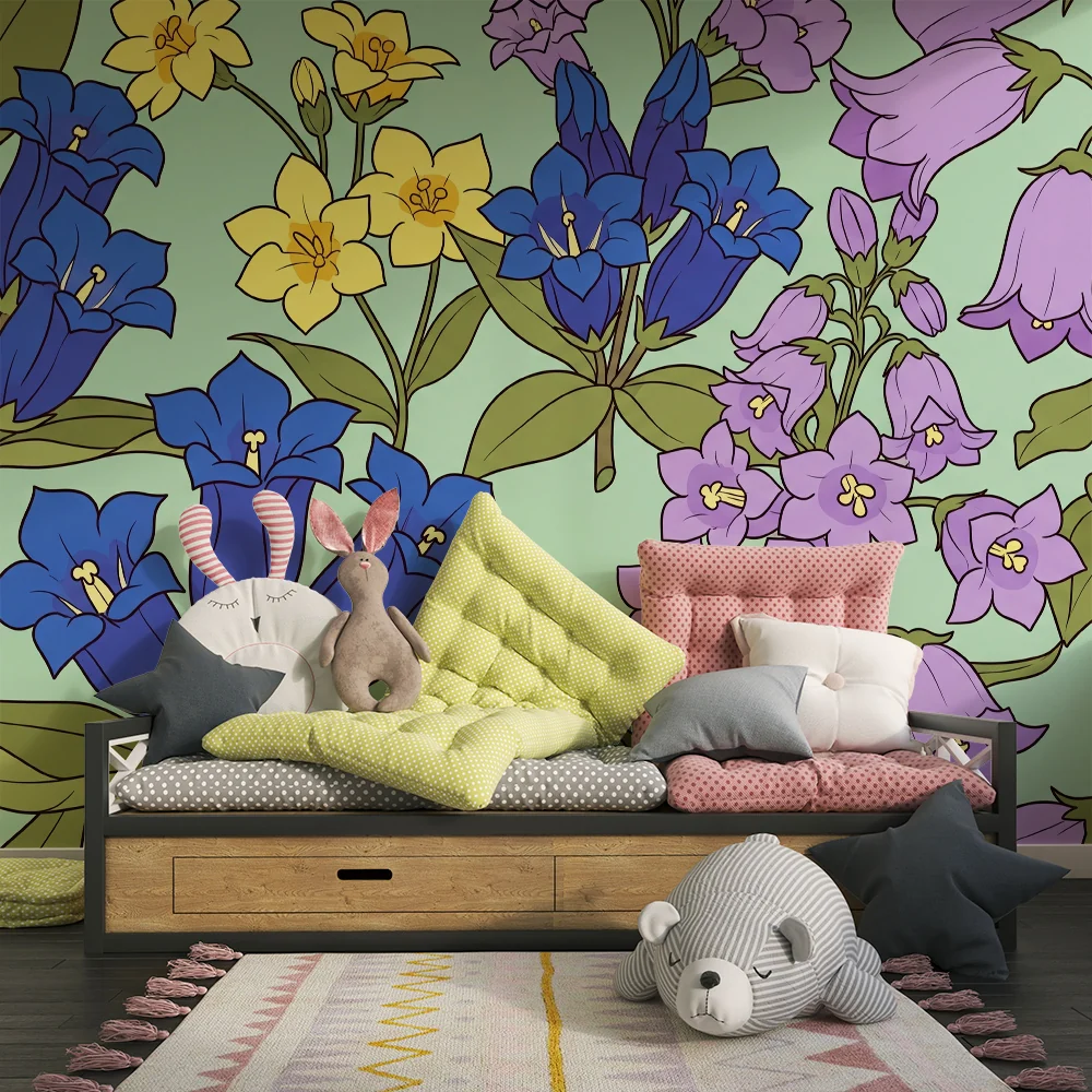 Barnetapet med fargerike blomster på rolig grønn bakgrunn