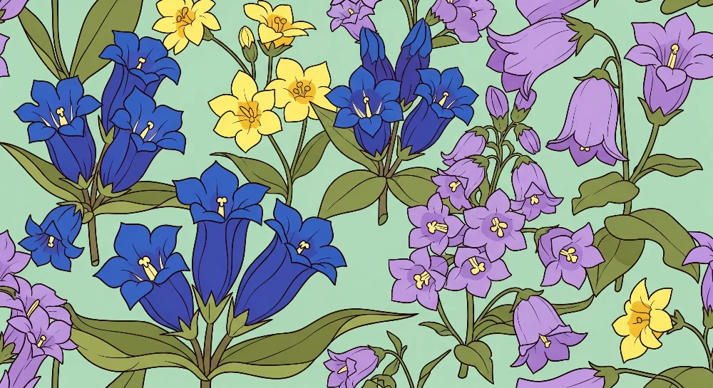 Barnetapet med fargerike blomster på rolig grønn bakgrunn