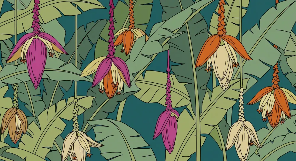 Barnetapet med fargerike blomster og tropisk løvverk