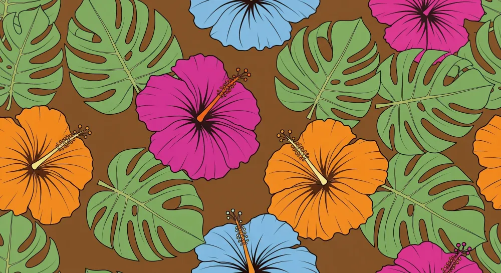 Barnetapet med fargerike hibiskusblomster og tropisk løvverk