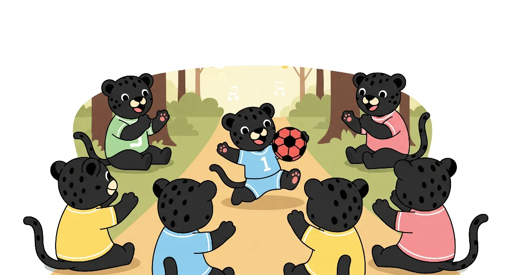 Barnetapet med fotballspillende leoparder i skogen