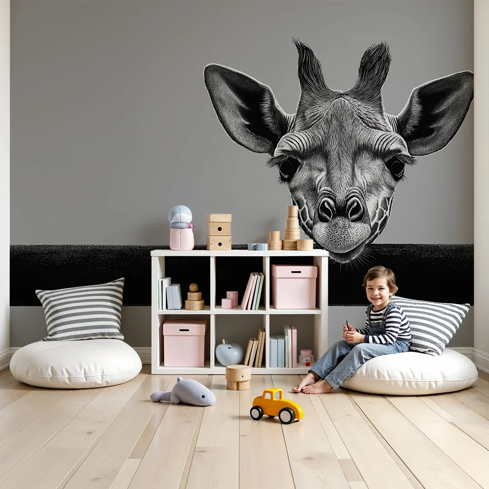 Barnetapet med girafhode i svart og hvitt på minimalistisk bakgrunn