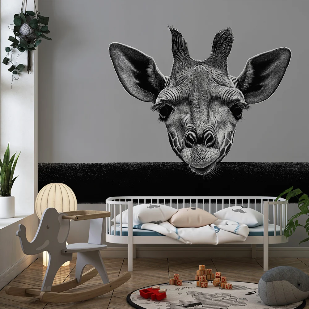 Barnetapet med girafhode i svart og hvitt på minimalistisk bakgrunn