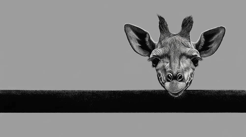 Barnetapet med girafhode i svart og hvitt på minimalistisk bakgrunn