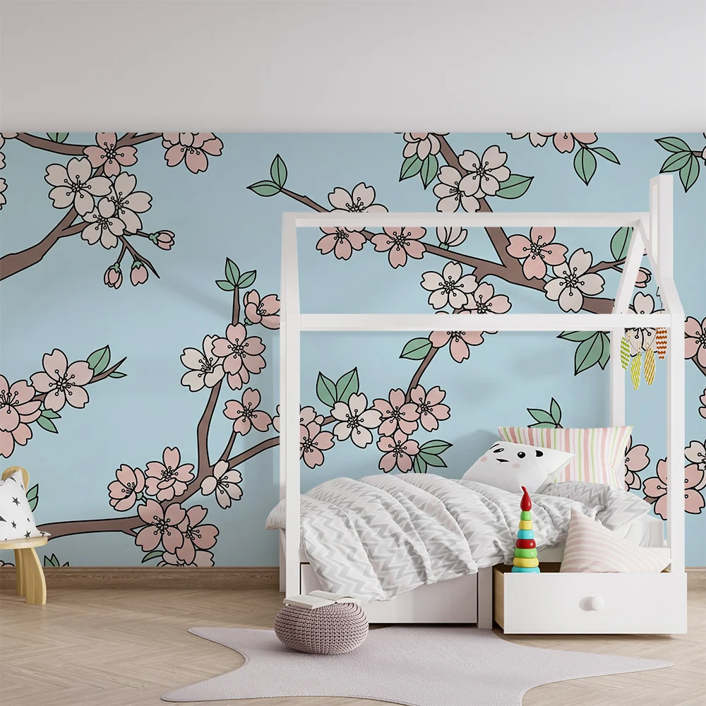 Barnetapet med kirsebærblomster | Blomster i rolig blå