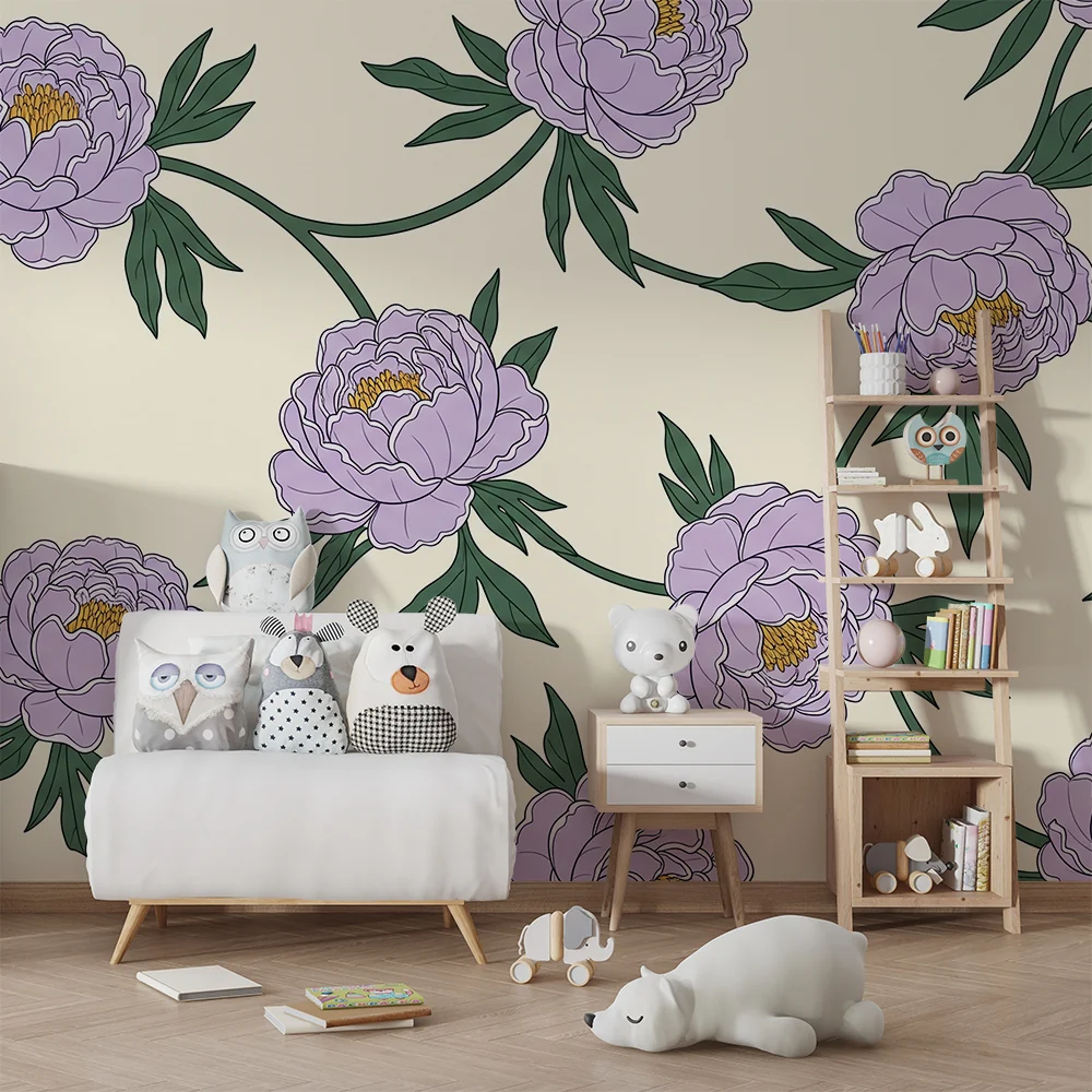 Barnetapet med peoner | Fin design på kremhvit bakgrunn