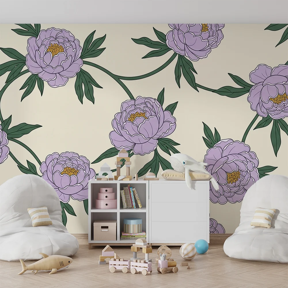 Barnetapet med peoner | Fin design på kremhvit bakgrunn