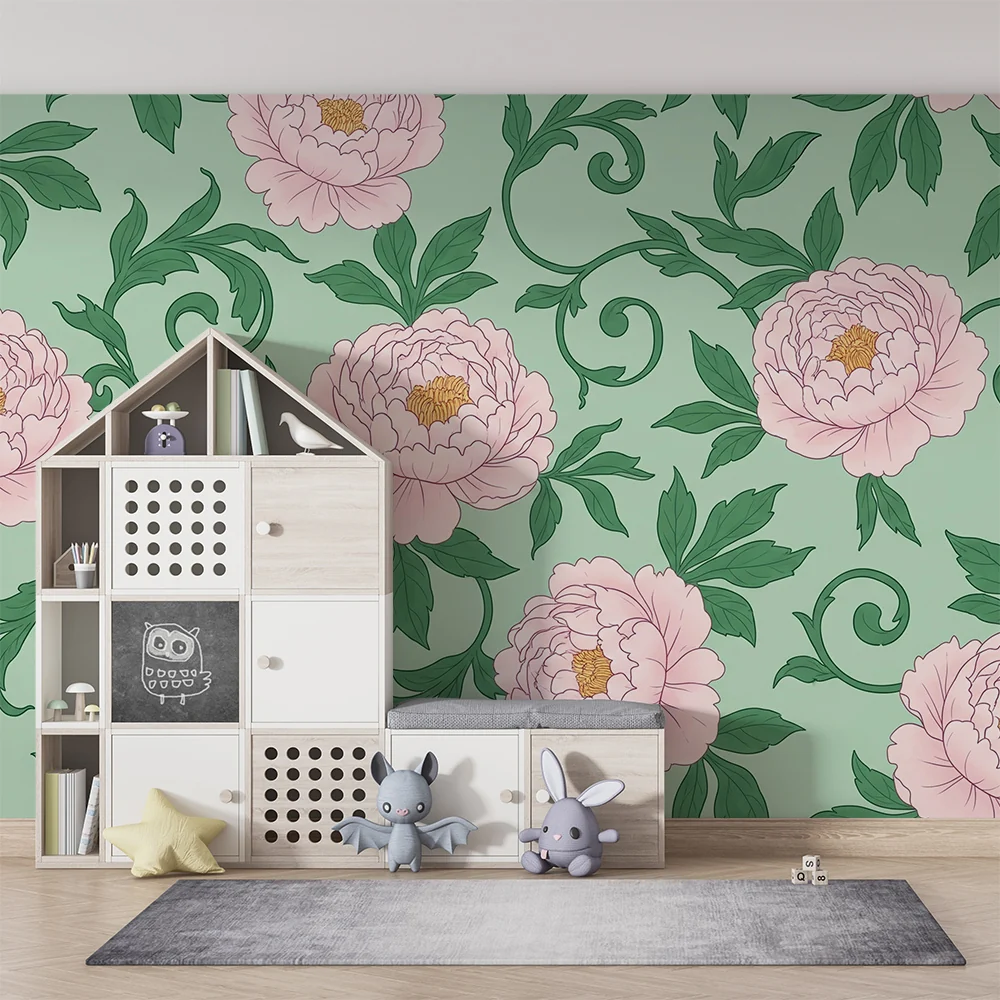 Barnetapet med peoner | Finpudret design på myntegrønn bakgrunn