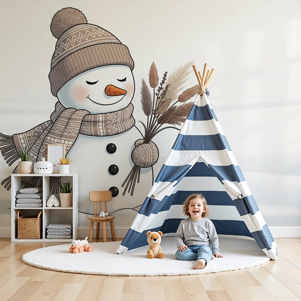 Barnetapet med snømann | Smilende snømann med skjerf og lue