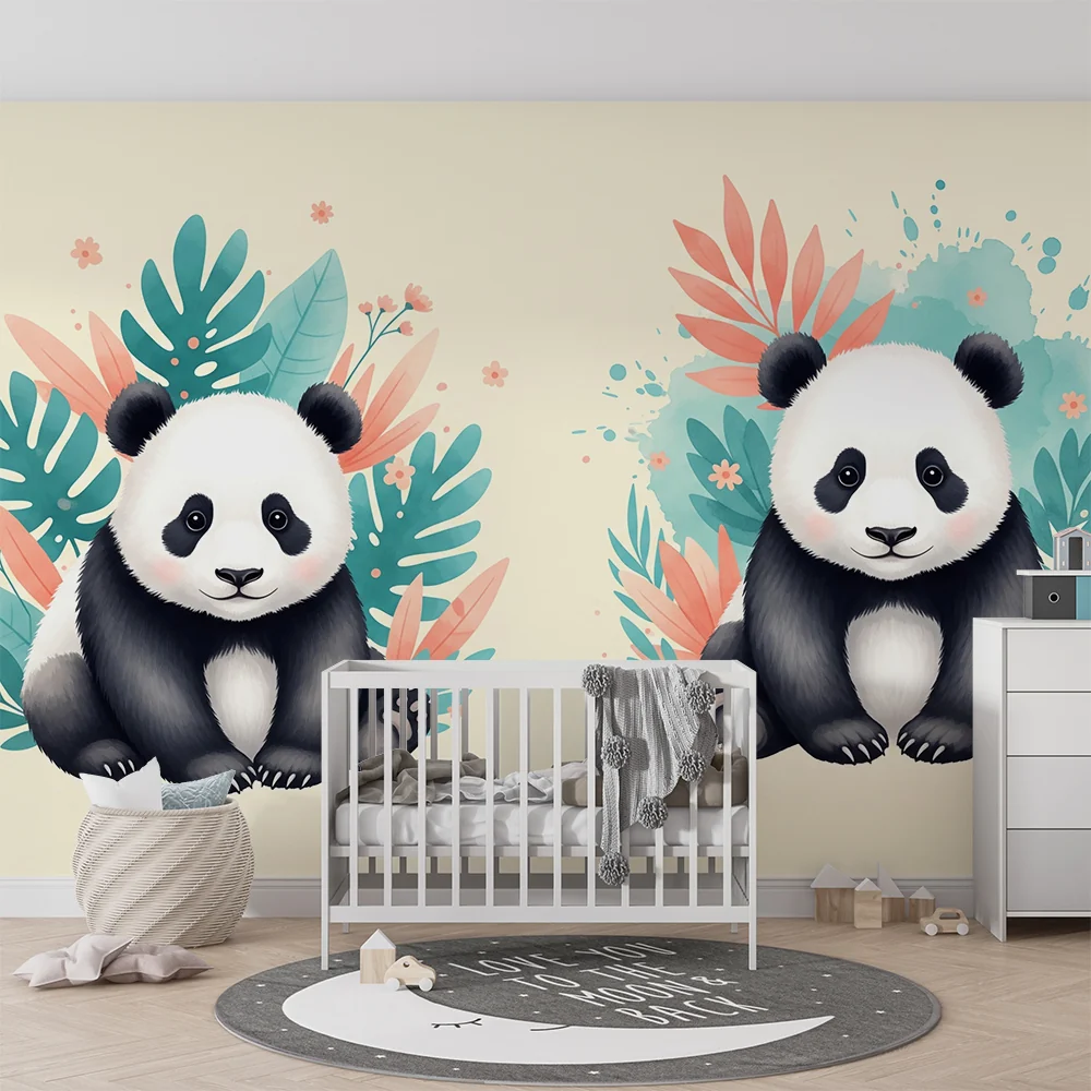 Barnetapet med søte pandaer og tropisk løvverk