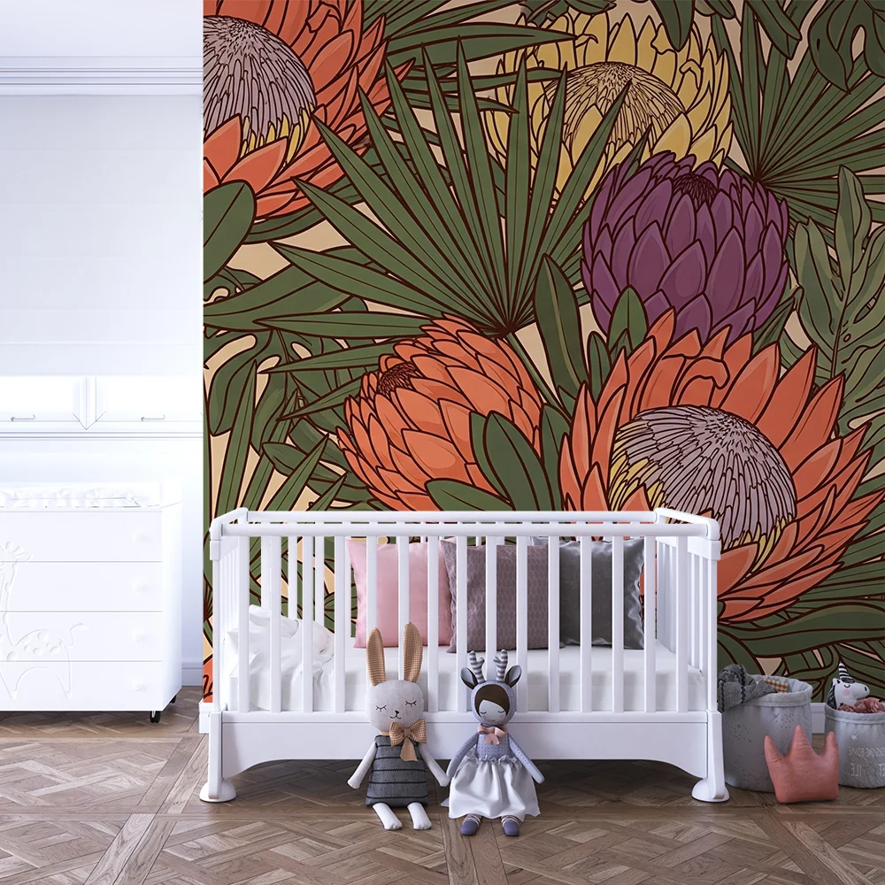 Barnetapet med store tropiske blomster og løvverk