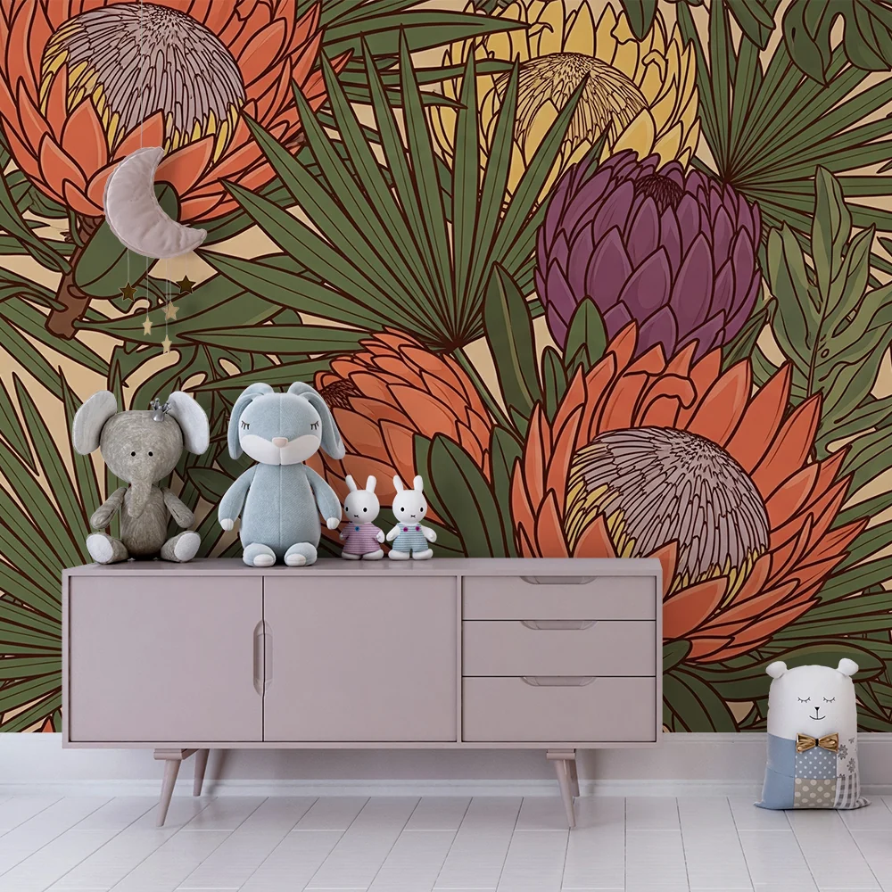 Barnetapet med store tropiske blomster og løvverk