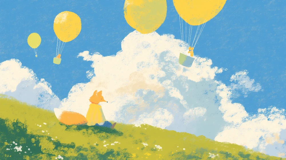 Barnetapet | Nysgjerrig rev under gule ballonger på blå himmel