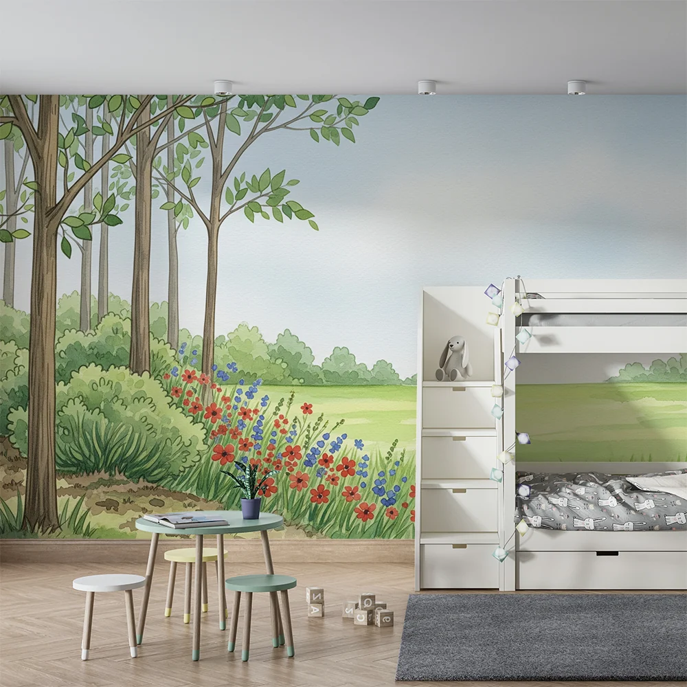 Barnetapet | Vakker eventyrskog med fargerike blomster