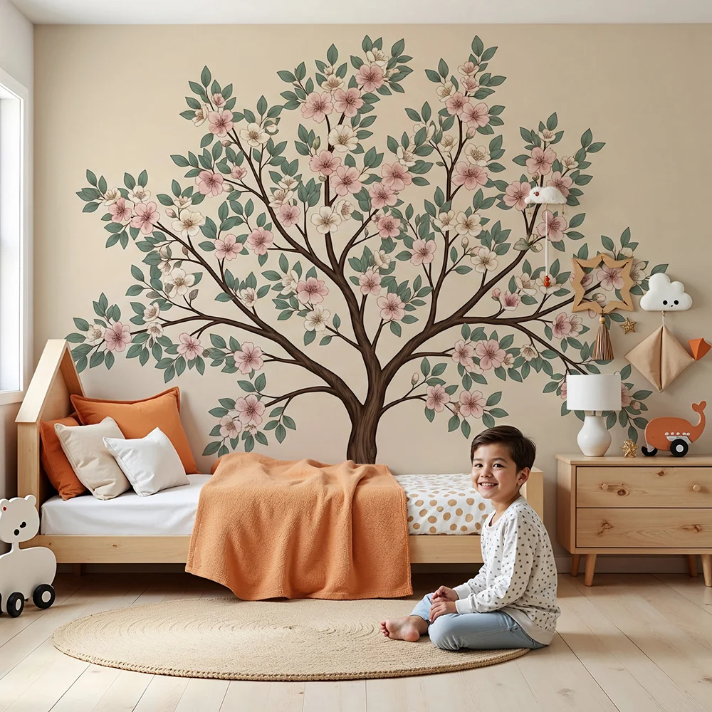 **Barneveggpapir til babyrom | Blomstrende tre med delikate blomster og beroligende løvverk**