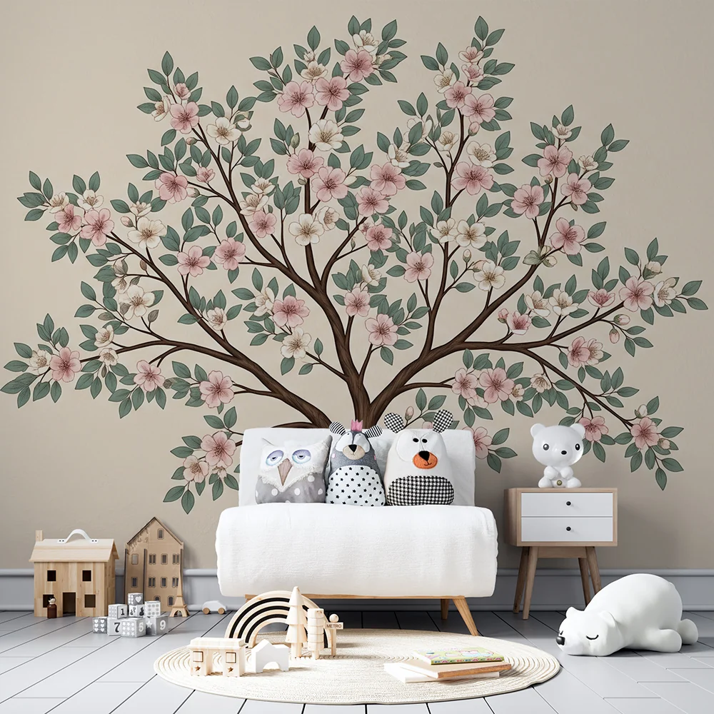 **Barneveggpapir til babyrom | Blomstrende tre med delikate blomster og beroligende løvverk**