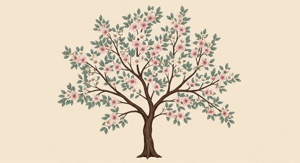 **Barneveggpapir til babyrom | Blomstrende tre med delikate blomster og beroligende løvverk**