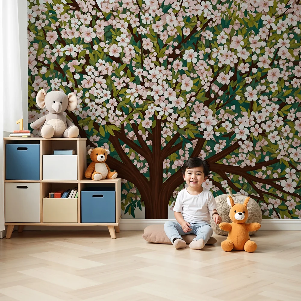 **Barneveggpapir til babyrom | Blomstrende tre med rosa blomster og grønt løvverk**