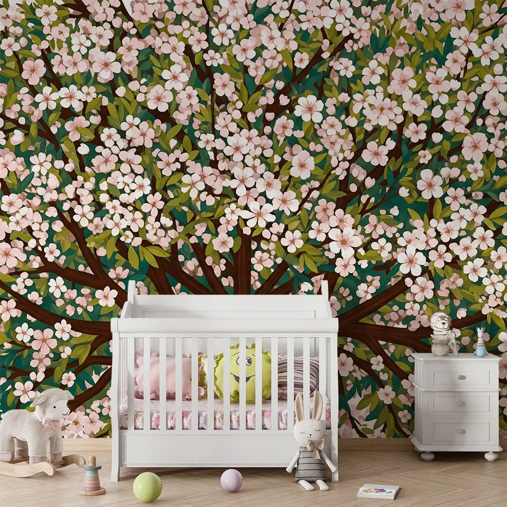 **Barneveggpapir til babyrom | Blomstrende tre med rosa blomster og grønt løvverk**