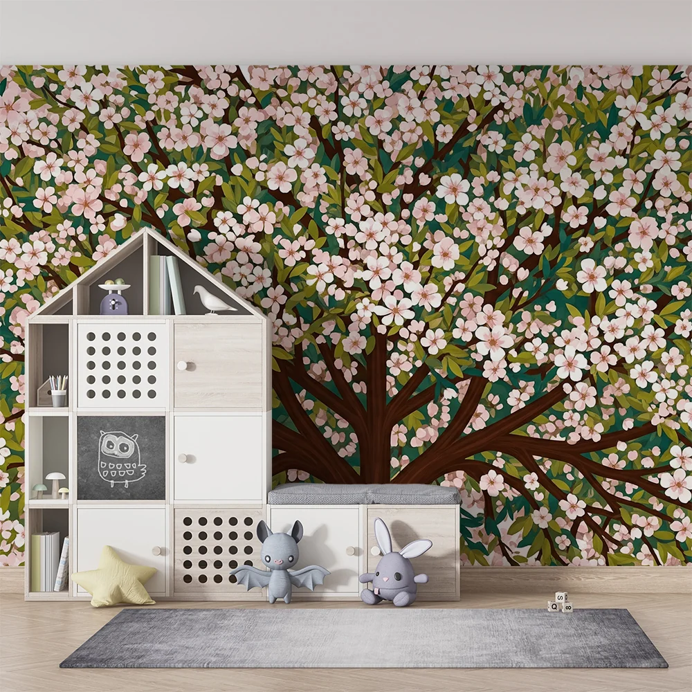 **Barneveggpapir til babyrom | Blomstrende tre med rosa blomster og grønt løvverk**