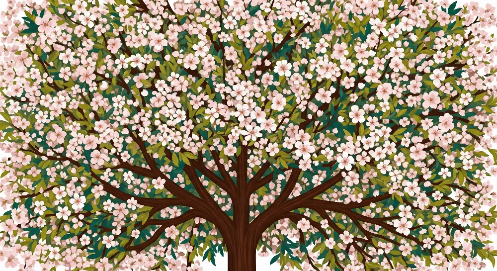 **Barneveggpapir til babyrom | Blomstrende tre med rosa blomster og grønt løvverk**