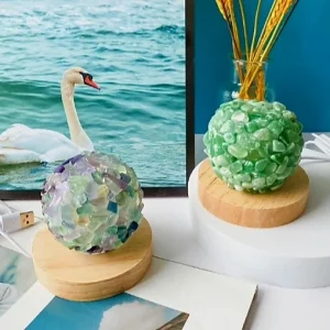 Ny grønn Aventurine Sphere Ledlampe med trebase og usb, ca. 9-10cm