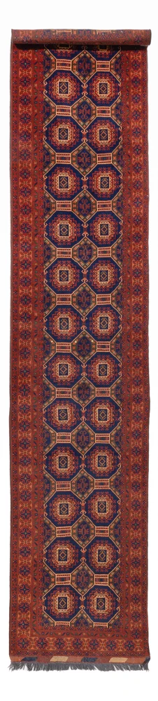 Løper Afghansk teppe - 394 x 80 cm - mørk rød