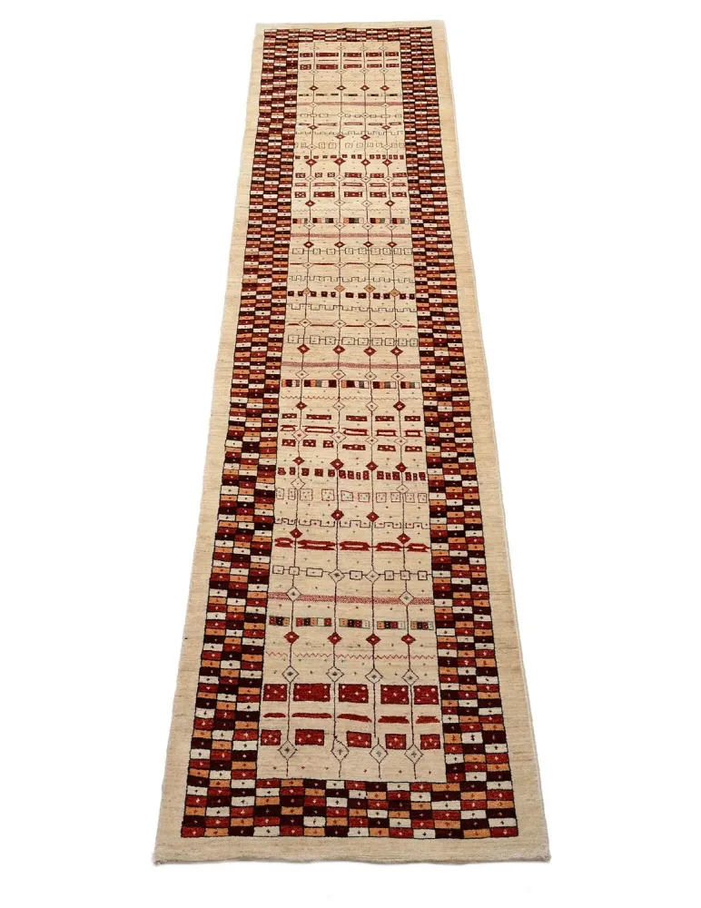 Løper Gabbeh teppe - Loribaft persisk teppe - 391 x 88 cm - flerfarget