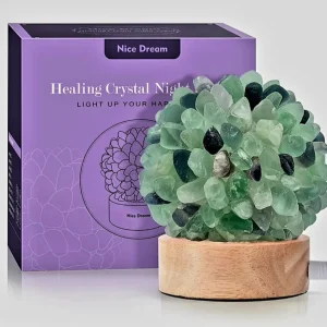 Nyhet / Stor og flott hÅndlaget Rainbow Fluorite Crystal Lamp m/trebase og usb, 10x12cm
