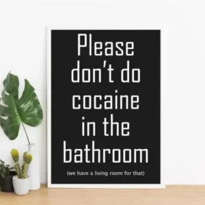 Plakat "Vennligst ikke bruk kokain på badet" – DIN A3 med hvit ramme