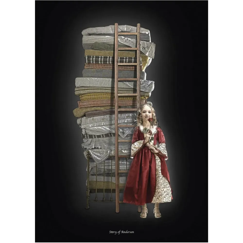 Poster & Frame Story Andersen - Prinsessen På Ærten - Hvid/Sort Baggrund