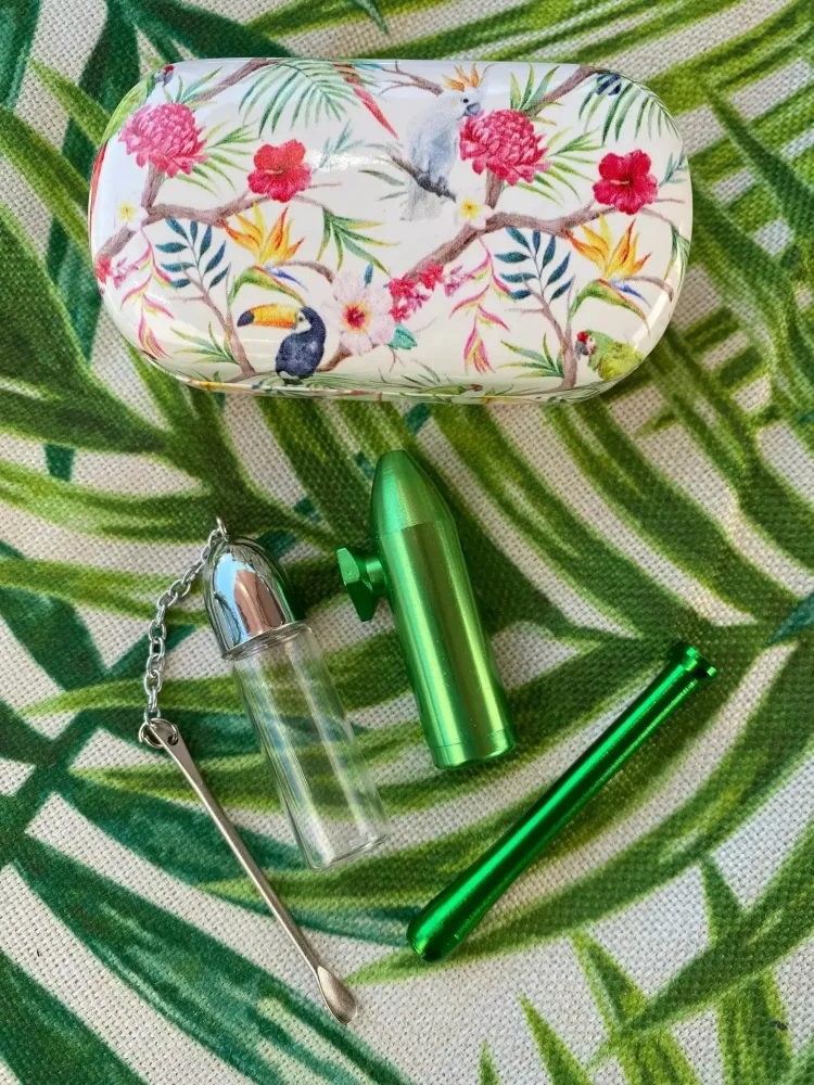 Sett "Tropical Green/Silver" – Stilfullt tilbehør i tropisk hardt etui